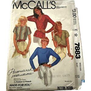 Vintage 80s McCalls 7883 Blouse Top Shirt Size 12 Sewing Pattern Women Cut